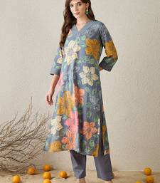 Women Grey Floral Printed Regular Pure Cotton Straight Kurta with Trousers