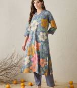 Women Grey Floral Printed Regular Pure Cotton Straight Kurta with Trousers