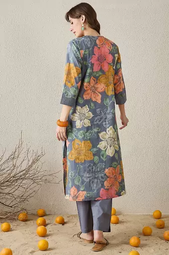 Women Grey Floral Printed Regular Pure Cotton Straight Kurta with Trousers
