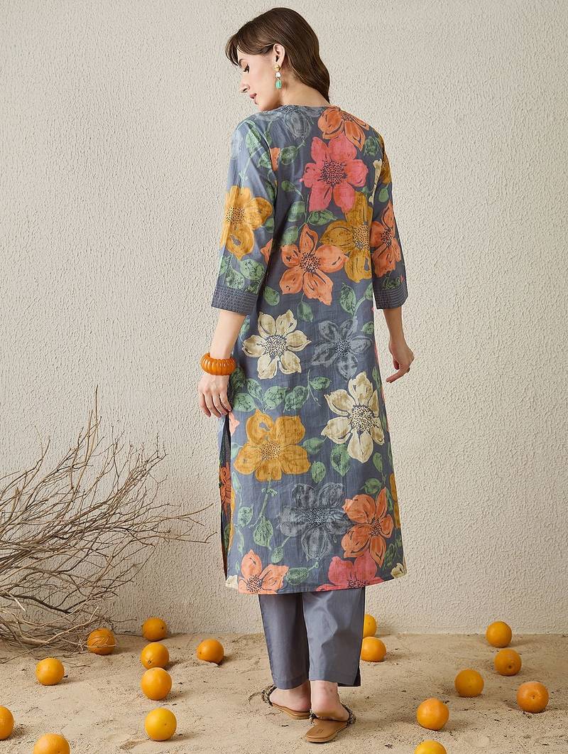 Women Grey Floral Printed Regular Pure Cotton Straight Kurta with Trousers