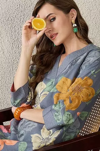 Women Grey Floral Printed Regular Pure Cotton Straight Kurta with Trousers