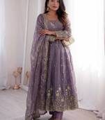 lavender color sequin embroidery silk blend gown set