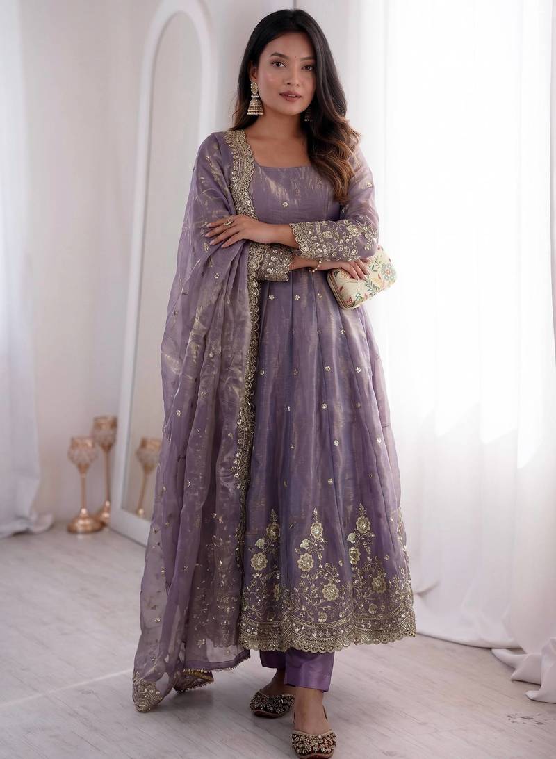 lavender color sequin embroidery silk blend gown set