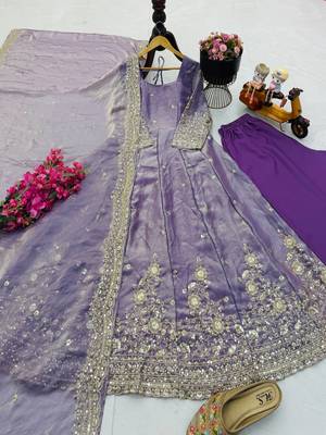 lavender color sequin embroidery silk blend gown set 2