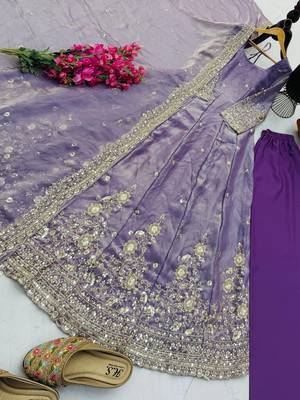 lavender color sequin embroidery silk blend gown set 4