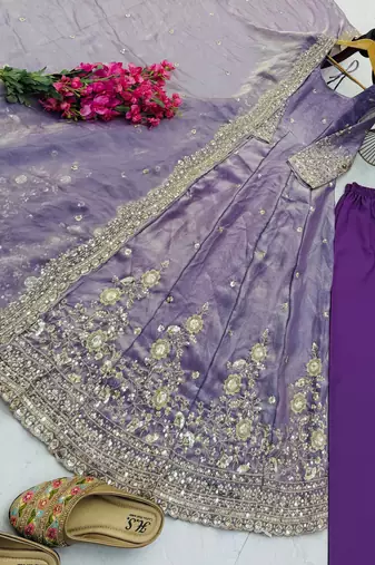 lavender color sequin embroidery silk blend gown set