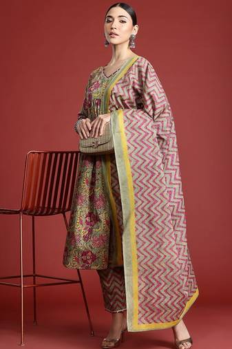 Floral Printed Pleated Pure Cotton Kurta with Trousers & With Dupatta