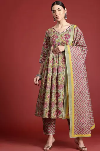 Floral Printed Pleated Pure Cotton Kurta with Trousers & With Dupatta