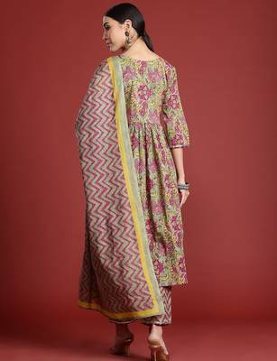 Floral Printed Pleated Pure Cotton Kurta with Trousers & With Dupatta 8