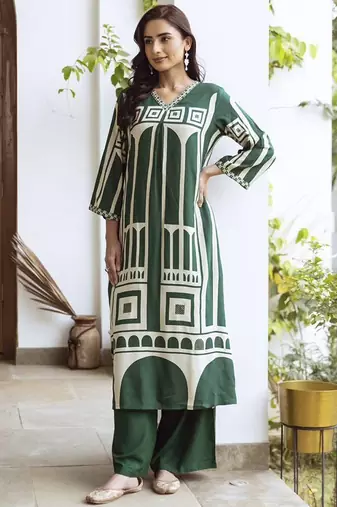 Women Printed Regula Geometric A-Line Kurta with Palazzos