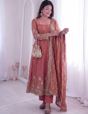 peach color sequin embroidery silk blend gown set 1