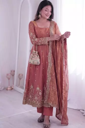 peach color sequin embroidery silk blend gown set