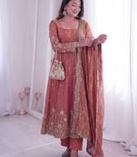 peach color sequin embroidery silk blend gown set