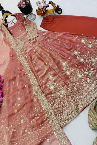 peach color sequin embroidery silk blend gown set