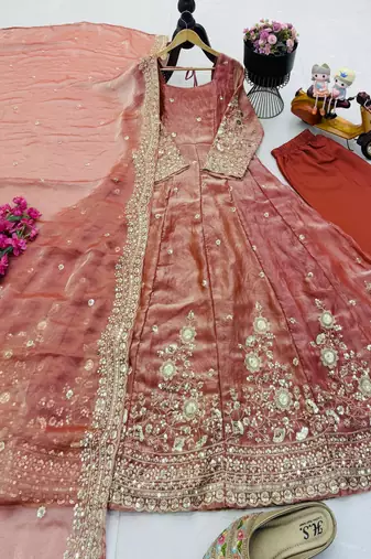 peach color sequin embroidery silk blend gown set