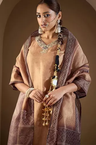 Women Bandhani Embroidered Regular Sequinned Kurta with Trousers & Dupatta