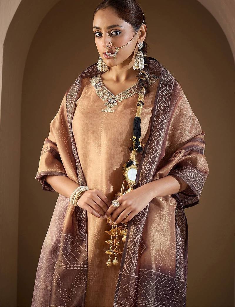 Women Bandhani Embroidered Regular Sequinned Kurta with Trousers & Dupatta