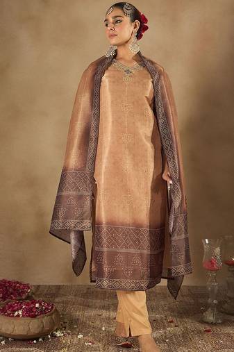 Women Bandhani Embroidered Regular Sequinned Kurta with Trousers & Dupatta