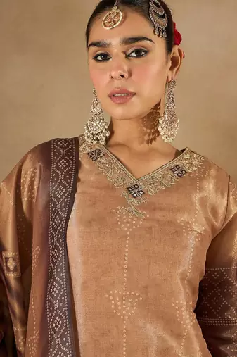 Women Bandhani Embroidered Regular Sequinned Kurta with Trousers & Dupatta