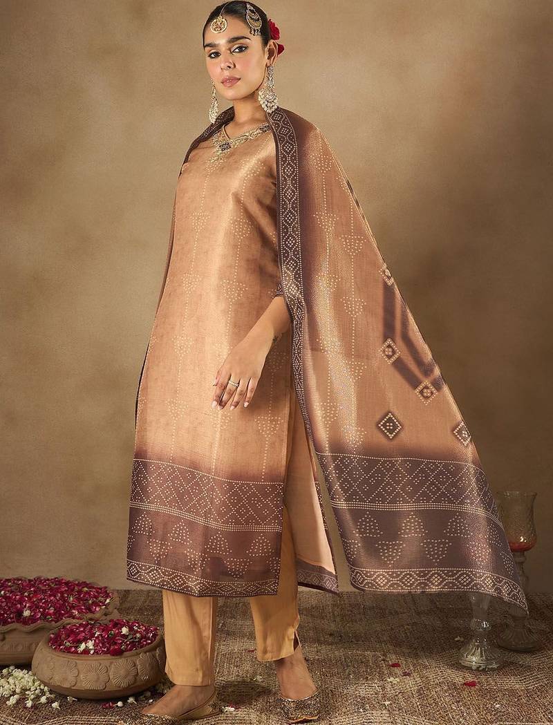 Women Bandhani Embroidered Regular Sequinned Kurta with Trousers & Dupatta