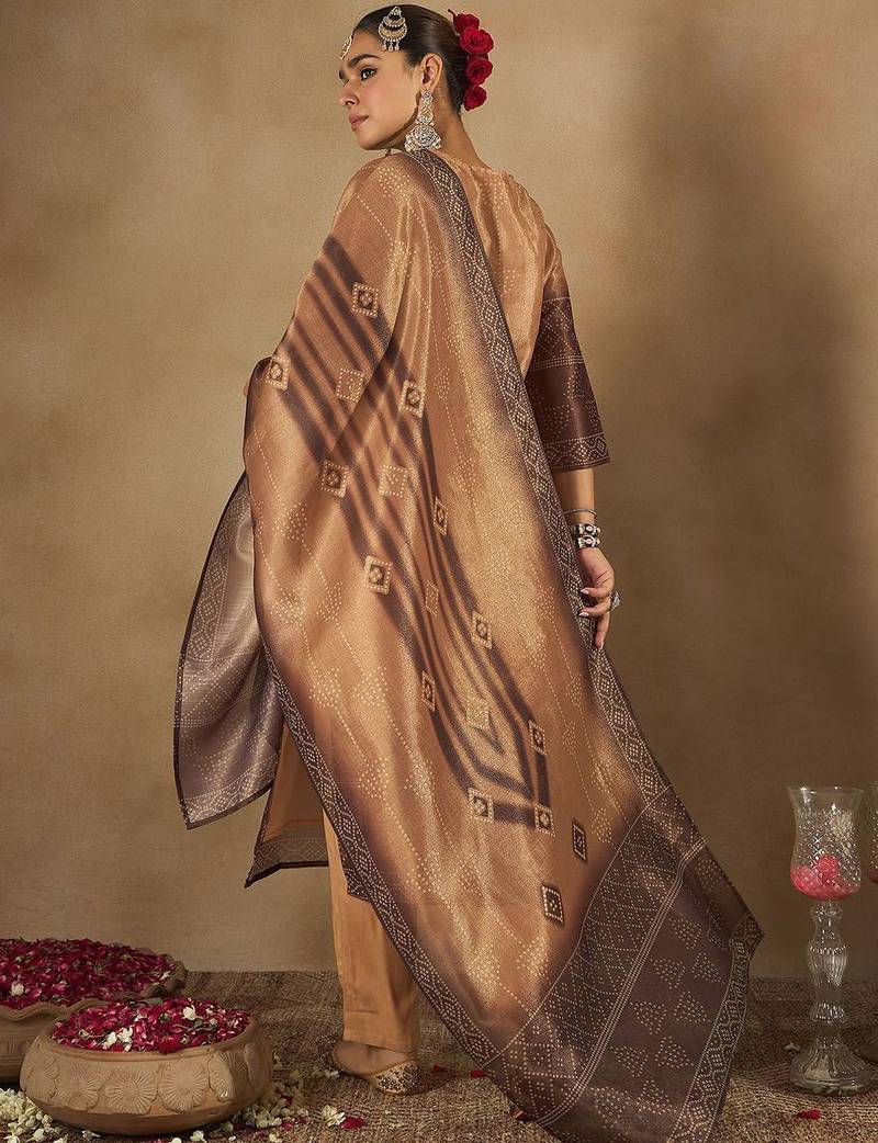 Women Bandhani Embroidered Regular Sequinned Kurta with Trousers & Dupatta