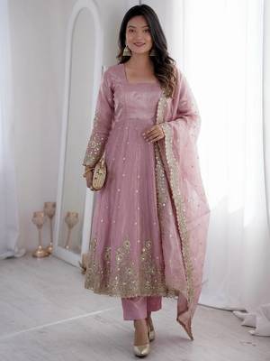 pink color sequin embroidery silk blend gown set 1
