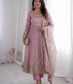 pink color sequin embroidery silk blend gown set