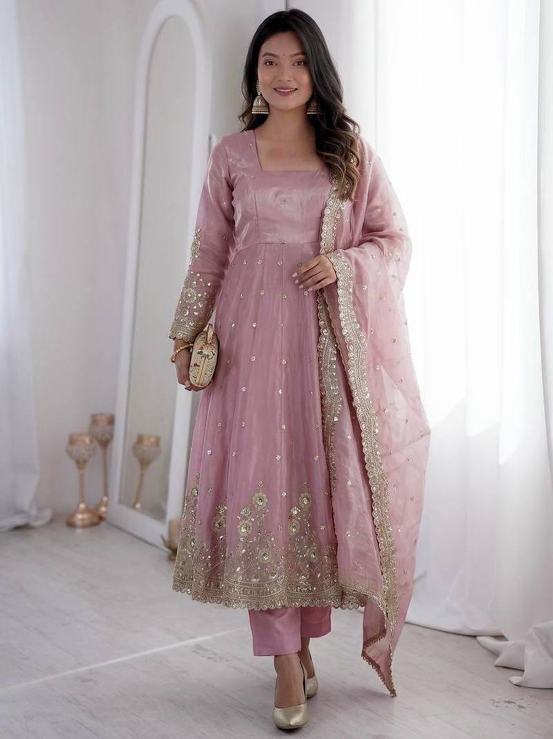 pink color sequin embroidery silk blend gown set