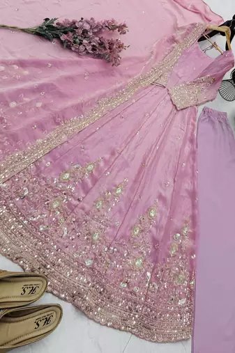 pink color sequin embroidery silk blend gown set