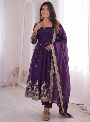 purple color sequin embroidery silk blend gown set 1