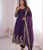 purple color sequin embroidery silk blend gown set
