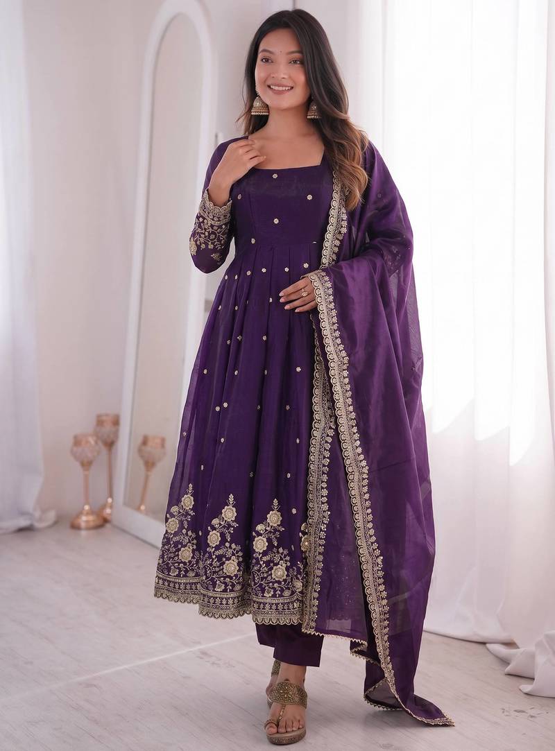 purple color sequin embroidery silk blend gown set