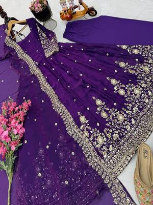 purple color sequin embroidery silk blend gown set 3