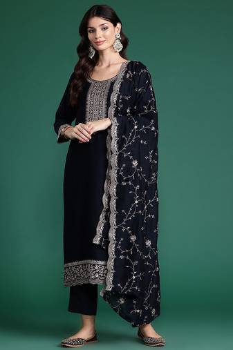 Ethnic Motifs Embroidered Regular Sequinned Kurta with Trousers & Dupatta