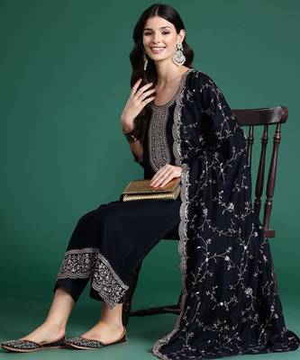 Ethnic Motifs Embroidered Regular Sequinned Kurta with Trousers & Dupatta 7