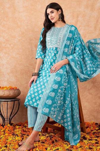 Women Floral Printed Regular Sequinned Pure Cotton Kurta with Trousers & Dupatta