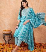 Women Floral Printed Regular Sequinned Pure Cotton Kurta with Trousers & Dupatta