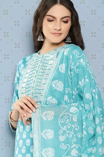 Women Floral Printed Regular Sequinned Pure Cotton Kurta with Trousers & Dupatta