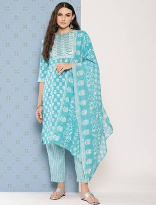 Women Floral Printed Regular Sequinned Pure Cotton Kurta with Trousers & Dupatta 4