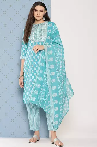 Women Floral Printed Regular Sequinned Pure Cotton Kurta with Trousers & Dupatta