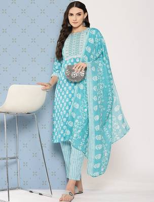 Women Floral Printed Regular Sequinned Pure Cotton Kurta with Trousers & Dupatta 6