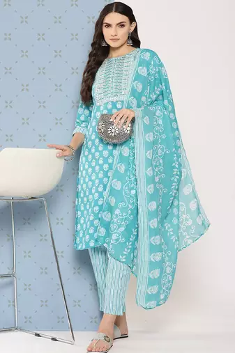 Women Floral Printed Regular Sequinned Pure Cotton Kurta with Trousers & Dupatta