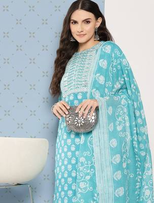 Women Floral Printed Regular Sequinned Pure Cotton Kurta with Trousers & Dupatta 7