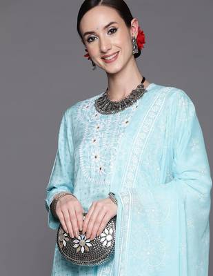 Women Turquoise Blue Floral Embroidered Mirror Work Chanderi Silk Kurta with Trousers & With 2