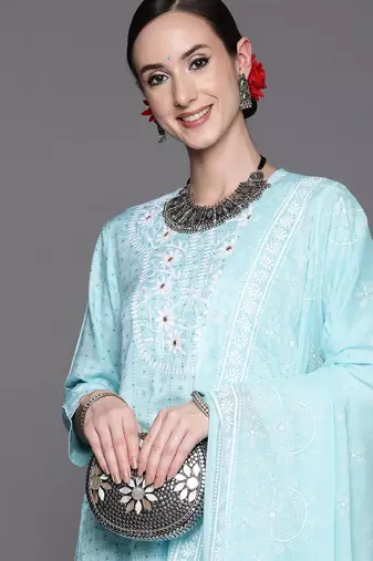 Women Turquoise Blue Floral Embroidered Mirror Work Chanderi Silk Kurta with Trousers & With