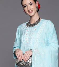 Women Turquoise Blue Floral Embroidered Mirror Work Chanderi Silk Kurta with Trousers & With