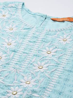 Women Turquoise Blue Floral Embroidered Mirror Work Chanderi Silk Kurta with Trousers & With 3