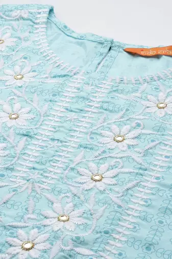 Women Turquoise Blue Floral Embroidered Mirror Work Chanderi Silk Kurta with Trousers & With