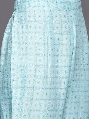 Women Turquoise Blue Floral Embroidered Mirror Work Chanderi Silk Kurta with Trousers & With 4