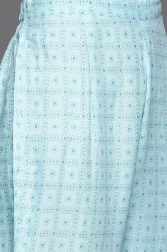 Women Turquoise Blue Floral Embroidered Mirror Work Chanderi Silk Kurta with Trousers & With